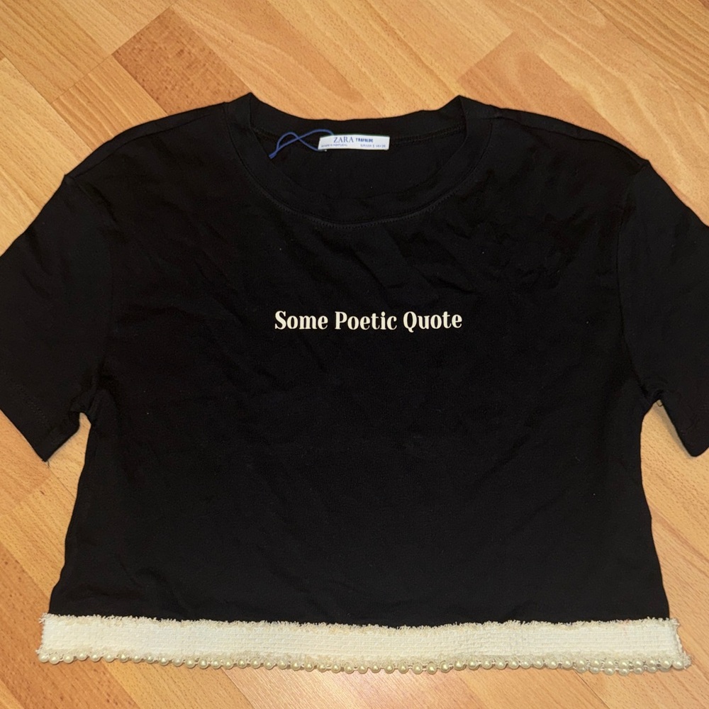 Zara Black Cropped Tee with Cream Trim and Pearl Detail